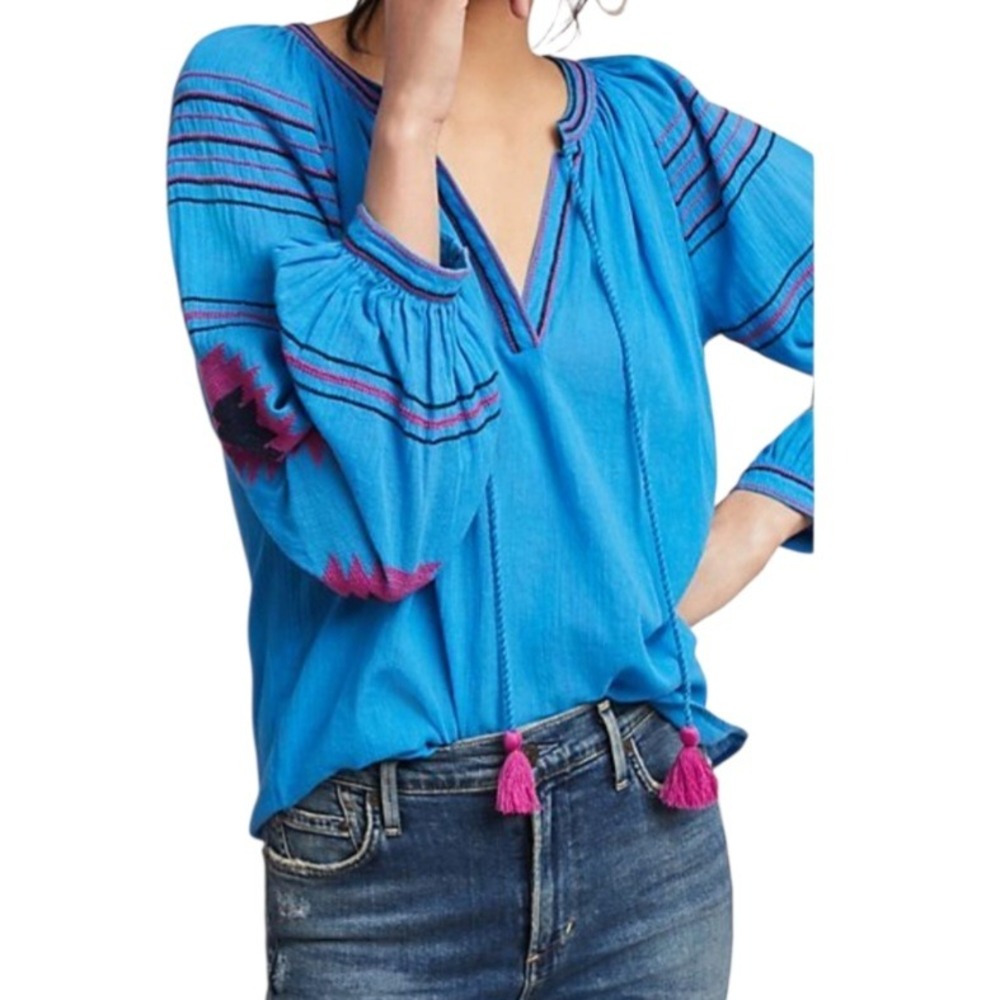 Maeve Women Blue Cotton‎ Embroidered Peasant Blouse XS Tassel Boho Festival Top